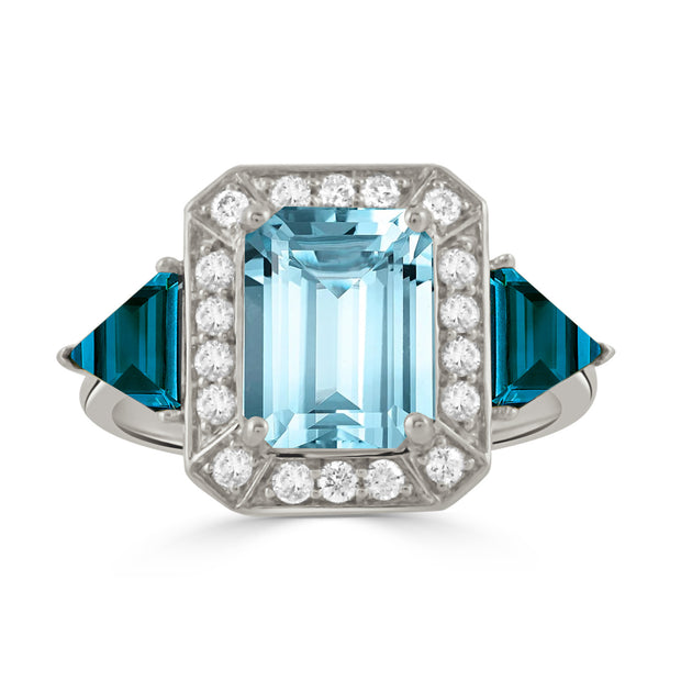 R11175LBBT-18K WHITE GOLD DIAMOND RING WITH LONDON BLUE TOPAZ SIDES AND SKY BLUE TOPAZ CENTER