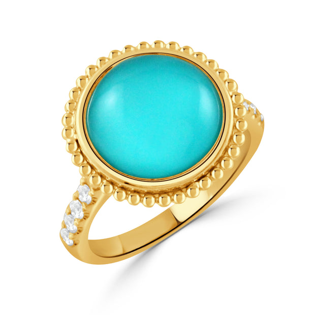 R11429TQ-Y-18K YELLOW GOLD DIAMOND RING WITH CLEAR QUARTZ OVER TURQUOISE