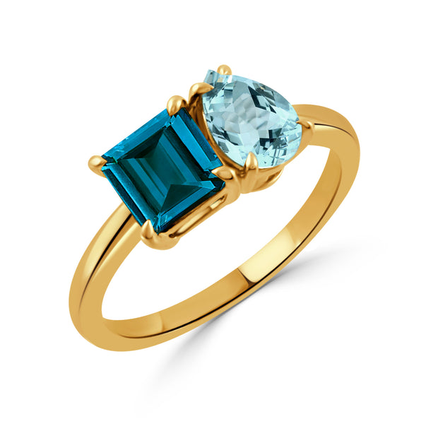 R11641LBBT-Y-18K YELLOW GOLD RING WITH SKY BLUE TOPAZ AND LONDON BLUE TOPAZ