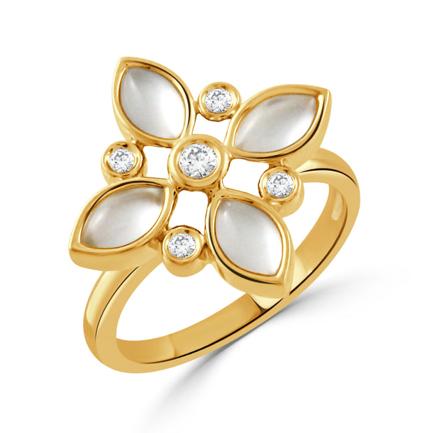 R11667WMP-18K YELLOW GOLD DIAMOND RING WITH CABOCHON CUT CLEAR QUARTZ OVER WHITE MOTHER OF PEARL