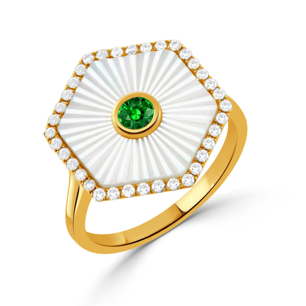 R11891TSMP-A-18K YELLOW GOLD DIAMOND RING WITH CARVED WHITE MOTHER OF PEARL AND TSAVORITE CENTER STONE
