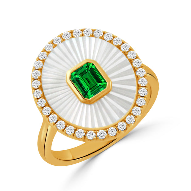 R11925TSMP-A-18K YELLOW GOLD DIAMOND RING WITH CARVED WHITE MOTHER OF PEARL AND TSAVORITE CENTER STONE