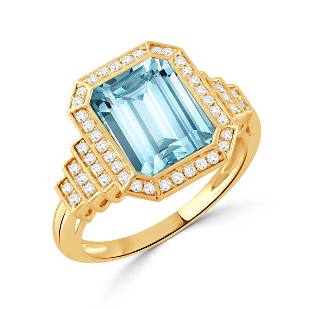 R12049BT-Y-18K YELLOW GOLD DIAMOND RING WITH SKY BLUE TOPAZ CENTER