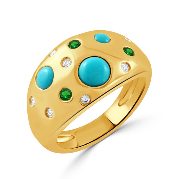 R12062TSTQ-18K YELLOW GOLD DIAMOND RING WITH TSAVORITE AND  TURQUOISE