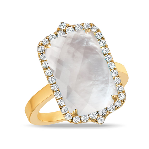 18K YELLOW GOLD DIAMOND RING WITH CLEAR QUARTZ OVER WHITE MOTHER OF PEARL