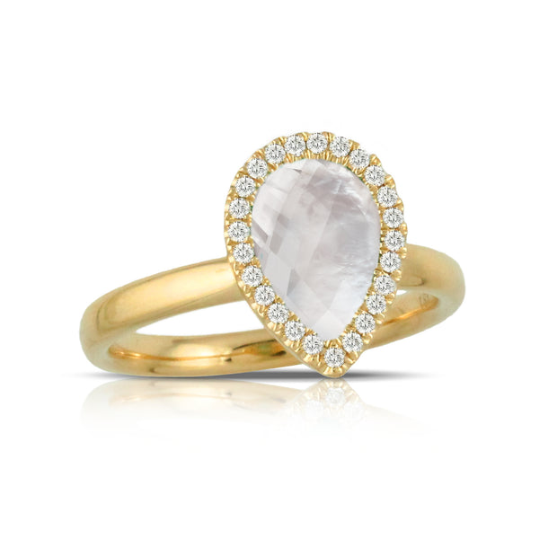 18K YELLOW GOLD DIAMOND RING WITH CLEAR QUARTZ OVER WHITE MOTHER OF PEARL (10X13MM)
