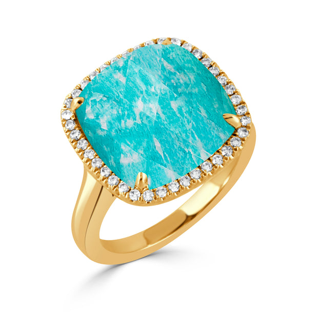 18K YELLOW GOLD DIAMOND RING WITH CLEAR QUARTZ OVER AMAZONITE