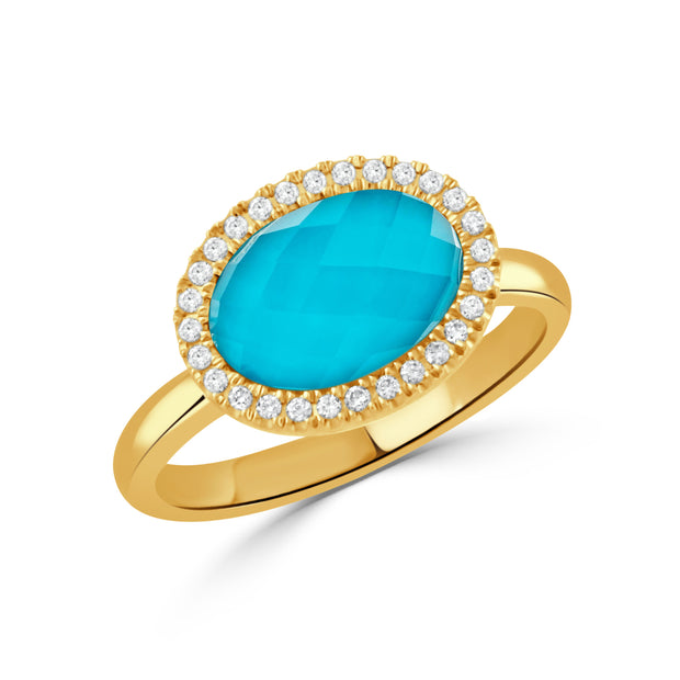 R7294TQ-1-Y-18K YELLOW GOLD DIAMOND RING WITH CLEAR QUARTZ OVER TURQUOISE