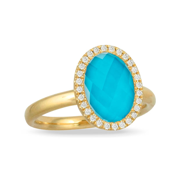18K YELLOW GOLD DIAMOND RING WITH CLEAR QUARTZ OVER TURQUOISE