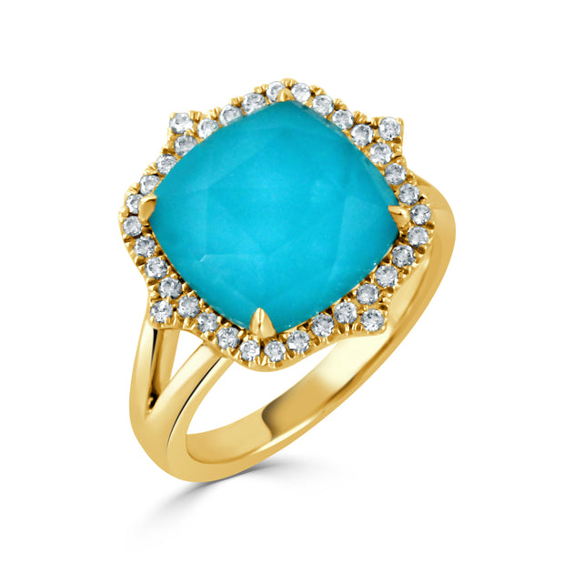 18K YELLOW GOLD DIAMOND RING WITH CLEAR QUARTZ OVER TURQUOISE