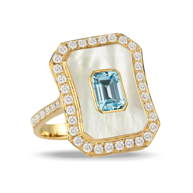 18K YELLOW GOLD DIAMOND RING WITH WHITE MOTHER OF PEARL AND LIGHT BLUE TOPAZ CENTER STONE