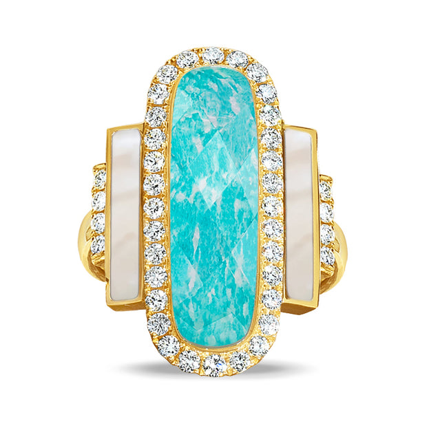 R8746AZMP-18K YELLOW GOLD DIAMOND RING WITH CLEAR QUARTZ OVER AMAZONITE CENTER AND  WHITE MOTHER OF PEARL SIDES