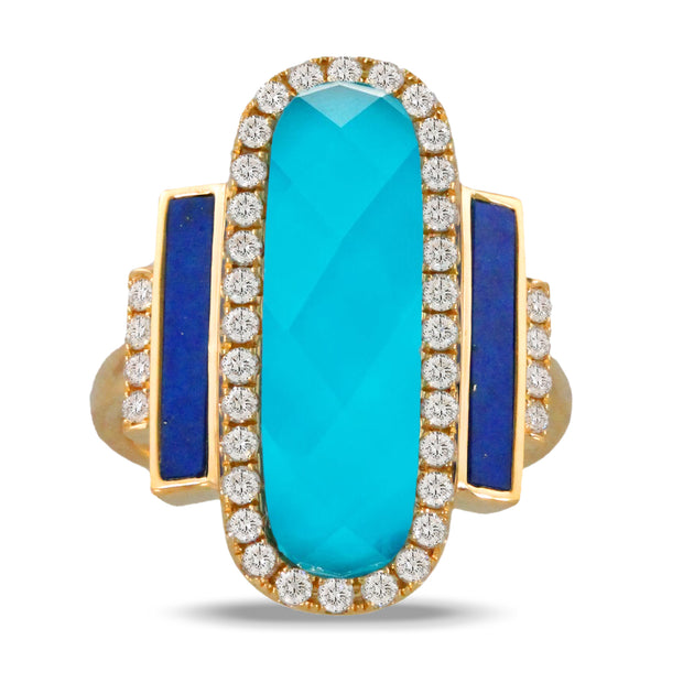 18K YELLOW GOLD DIAMOND RING WITH CLEAR QUARTZ OVER TURQUOISE CENTER AND LAPIS SIDES