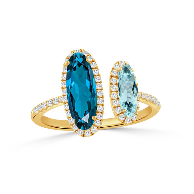 R9539LBBT-Y-18K YELLOW GOLD DIAMOND RING WITH SKY BLUE TOPAZ AND LONDON BLUE TOPAZ