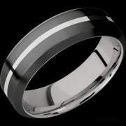 7 mm wide/High Bevel/Zirconium band with one 1 mm Centered inlay of Palladium Silver also featuring a Palladium Silver sleeve.