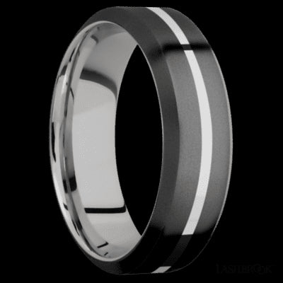 7 mm wide/High Bevel/Zirconium band with one 1 mm Centered inlay of Palladium Silver also featuring a Palladium Silver sleeve.