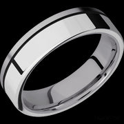 6 mm wide/Flat/Tantalum band with one 4 mm Off Center Edge inlay of Palladium Silver.