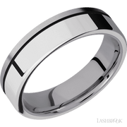 6 mm wide/Flat/Tantalum band with one 4 mm Off Center Edge inlay of Palladium Silver.