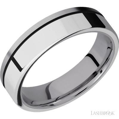 6 mm wide/Flat/Tantalum band with one 4 mm Off Center Edge inlay of Palladium Silver.