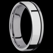 6 mm wide/Flat/Tantalum band with one 4 mm Off Center Edge inlay of Palladium Silver.