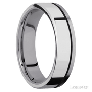 6 mm wide/Flat/Tantalum band with one 4 mm Off Center Edge inlay of Palladium Silver.