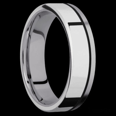 6 mm wide/Flat/Tantalum band with one 4 mm Off Center Edge inlay of Palladium Silver.