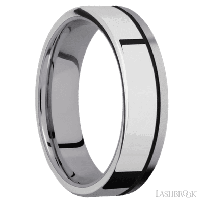 6 mm wide/Flat/Tantalum band with one 4 mm Off Center Edge inlay of Palladium Silver.