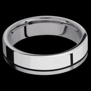 6 mm wide/Flat/Tantalum band with one 4 mm Off Center Edge inlay of Palladium Silver.