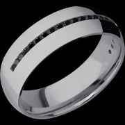 7 mm wide/Domed/Tantalum band with a Half Eternity arrangement of .015 carat Round Black Diamond stones in a Channel setting.