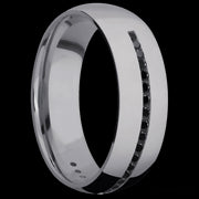 7 mm wide/Domed/Tantalum band with a Half Eternity arrangement of .015 carat Round Black Diamond stones in a Channel setting.