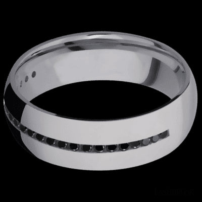 7 mm wide/Domed/Tantalum band with a Half Eternity arrangement of .015 carat Round Black Diamond stones in a Channel setting.