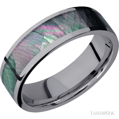 7 mm wide/Flat/Tantalum band with one 5 mm Centered inlay of Black Mother of Pearl.