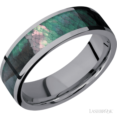 7 mm wide/Flat/Tantalum band with one 5 mm Centered inlay of Black Mother of Pearl.