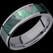 7 mm wide/Flat/Tantalum band with one 5 mm Centered inlay of Black Mother of Pearl.