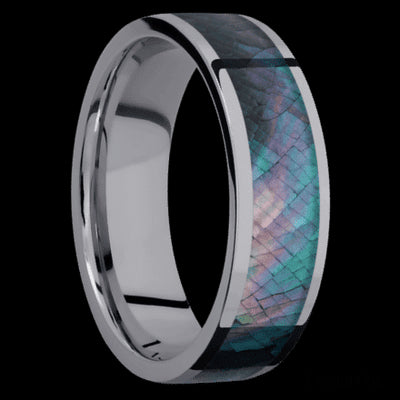 7 mm wide/Flat/Tantalum band with one 5 mm Centered inlay of Black Mother of Pearl.