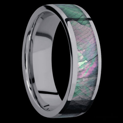 7 mm wide/Flat/Tantalum band with one 5 mm Centered inlay of Black Mother of Pearl.