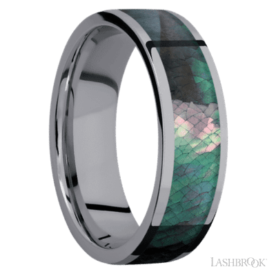 7 mm wide/Flat/Tantalum band with one 5 mm Centered inlay of Black Mother of Pearl.