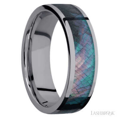 7 mm wide/Flat/Tantalum band with one 5 mm Centered inlay of Black Mother of Pearl.