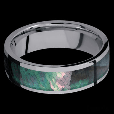 7 mm wide/Flat/Tantalum band with one 5 mm Centered inlay of Black Mother of Pearl.