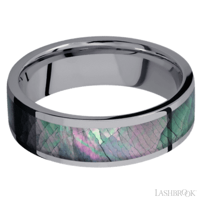 7 mm wide/Flat/Tantalum band with one 5 mm Centered inlay of Black Mother of Pearl.