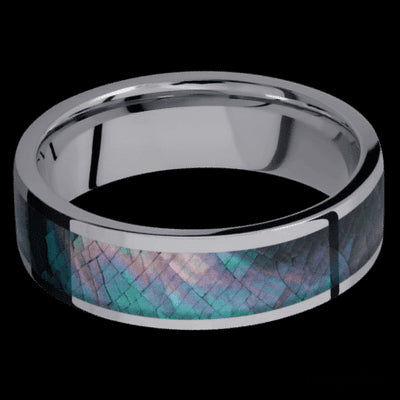 7 mm wide/Flat/Tantalum band with one 5 mm Centered inlay of Black Mother of Pearl.