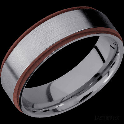 7 mm wide/Flat Grooved Edges/Tantalum band with two 1 mm Edge inlays of Crimson.