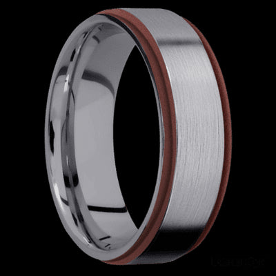 7 mm wide/Flat Grooved Edges/Tantalum band with two 1 mm Edge inlays of Crimson.