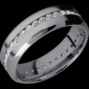 7 mm wide/High Bevel/Tantalum band with an Eternity arrangement of .03 carat Round Lab Grown Diamond stones in a Channel setting.