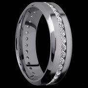 7 mm wide/High Bevel/Tantalum band with an Eternity arrangement of .03 carat Round Lab Grown Diamond stones in a Channel setting.