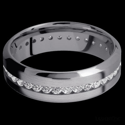 7 mm wide/High Bevel/Tantalum band with an Eternity arrangement of .03 carat Round Lab Grown Diamond stones in a Channel setting.