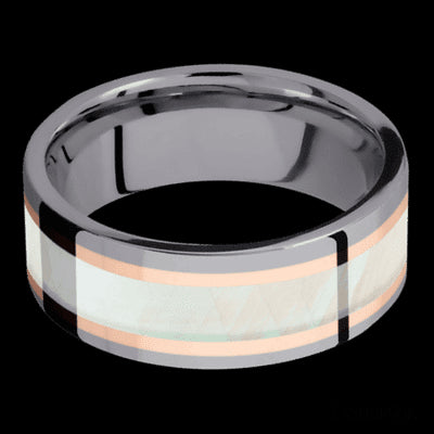 8 mm wide/Flat/Tantalum band featuring inlays of 14K Rose Gold and Freshwater Mother of Pearl.