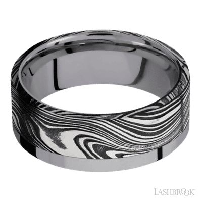 8 mm wide/Flat/Tantalum band with one 6 mm Off Center Edge inlay of Marble.