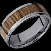 8 mm wide/Flat Grooved Edges/Tantalum band with one 5 mm Centered inlay of Walnut.