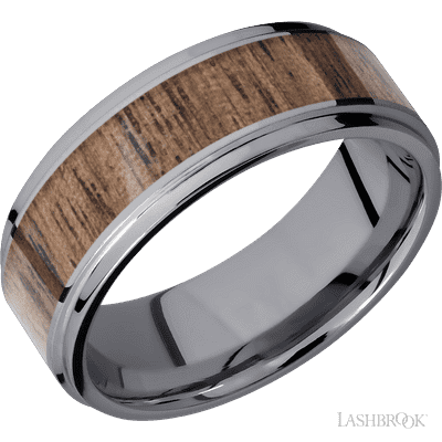 8 mm wide/Flat Grooved Edges/Tantalum band with one 5 mm Centered inlay of Walnut.